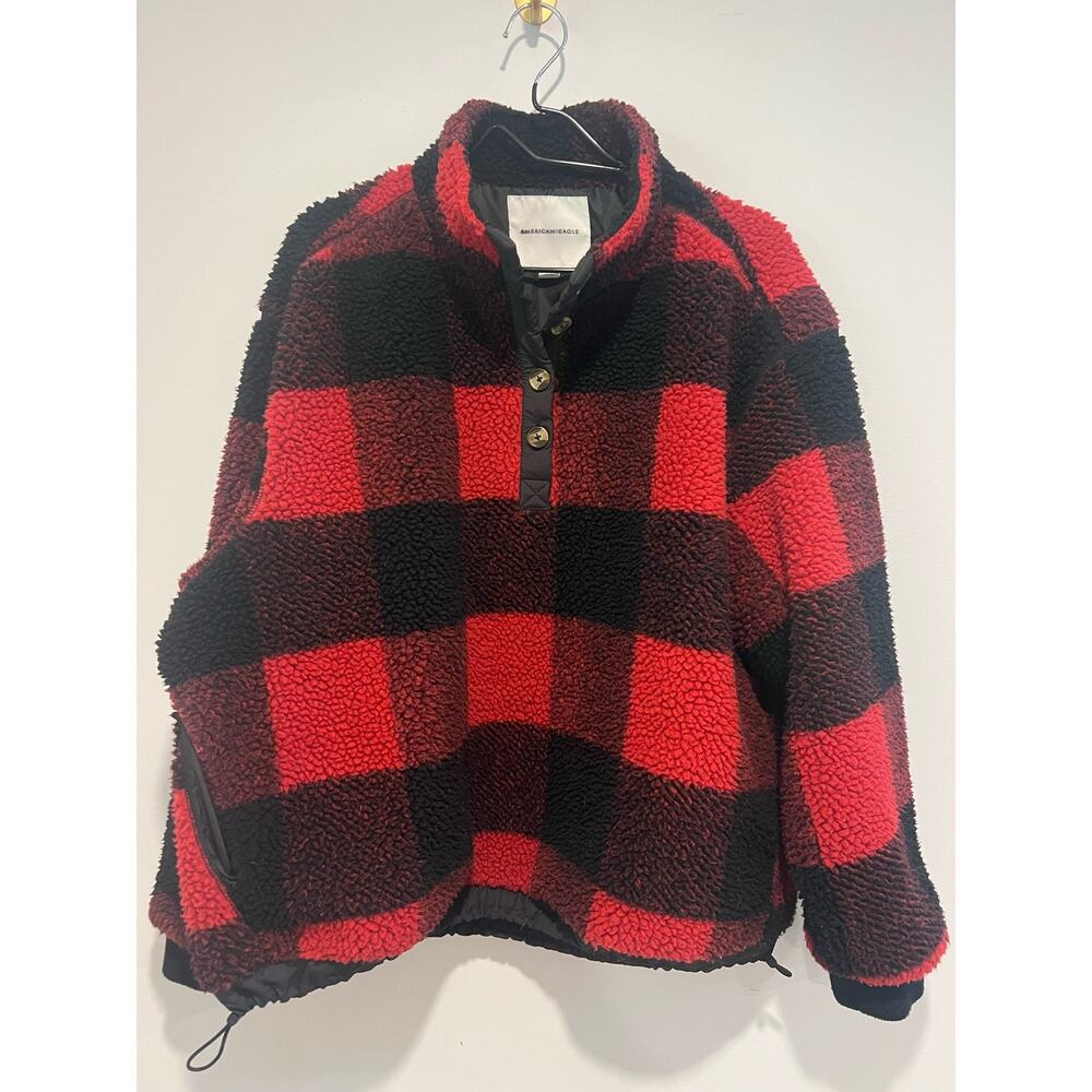American Eagle Sherpa Like Plaid Popover Jacket Pull Over Womans Size‎ L